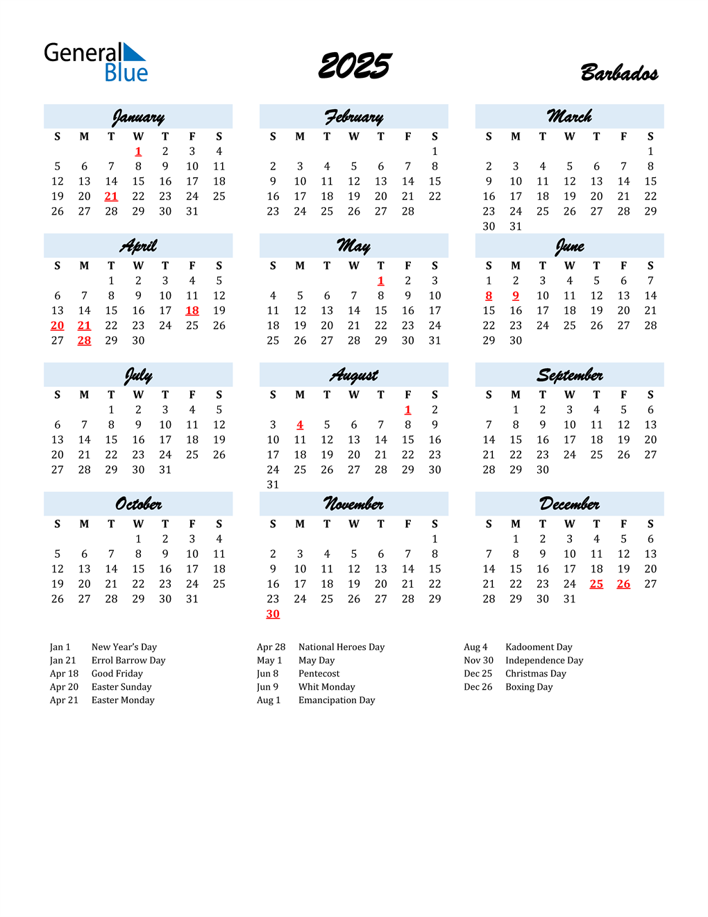 2025 Barbados Calendar with Holidays