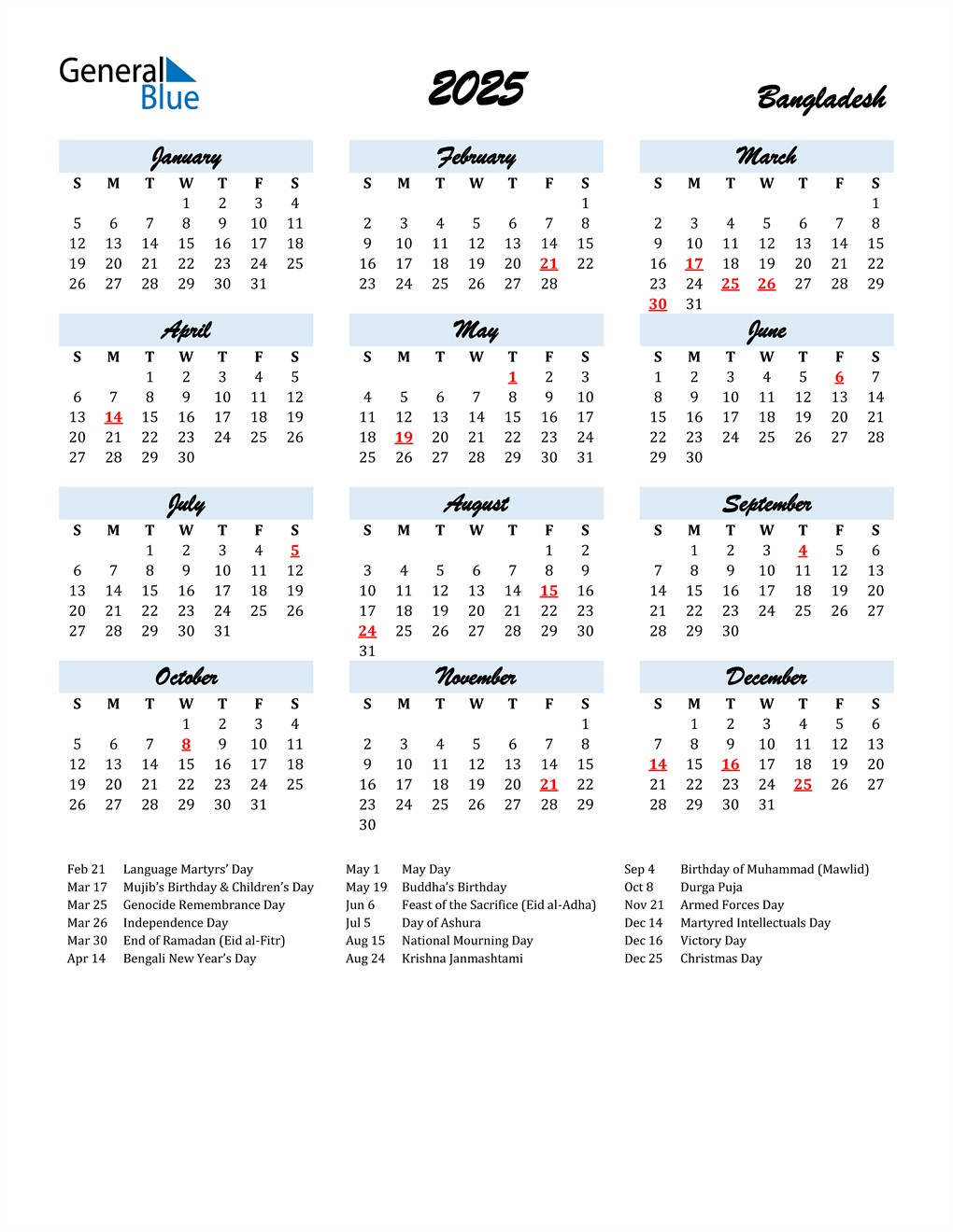 2025 Bangladesh Calendar with Holidays