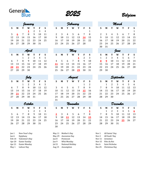 Belgium Holiday Calendar 2025 Yearly Calendar 2025