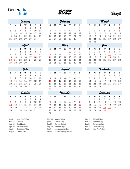 2025 Brazil Calendar with Holidays