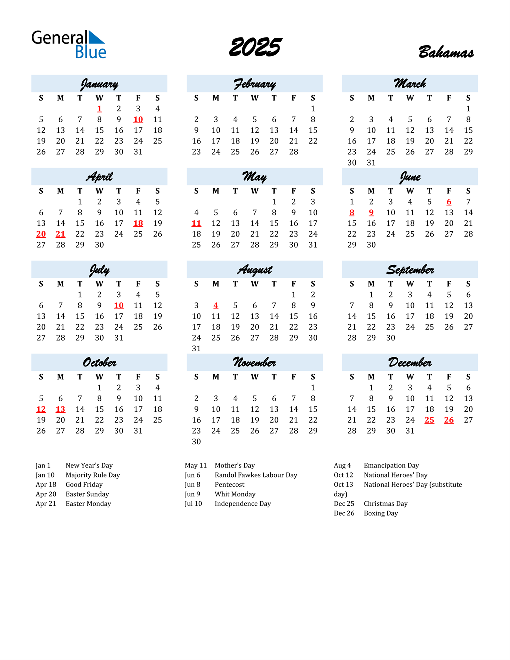 2025 Bahamas Calendar with Holidays