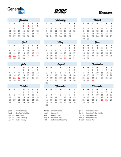 2025 Calendar With Holidays Botswana 