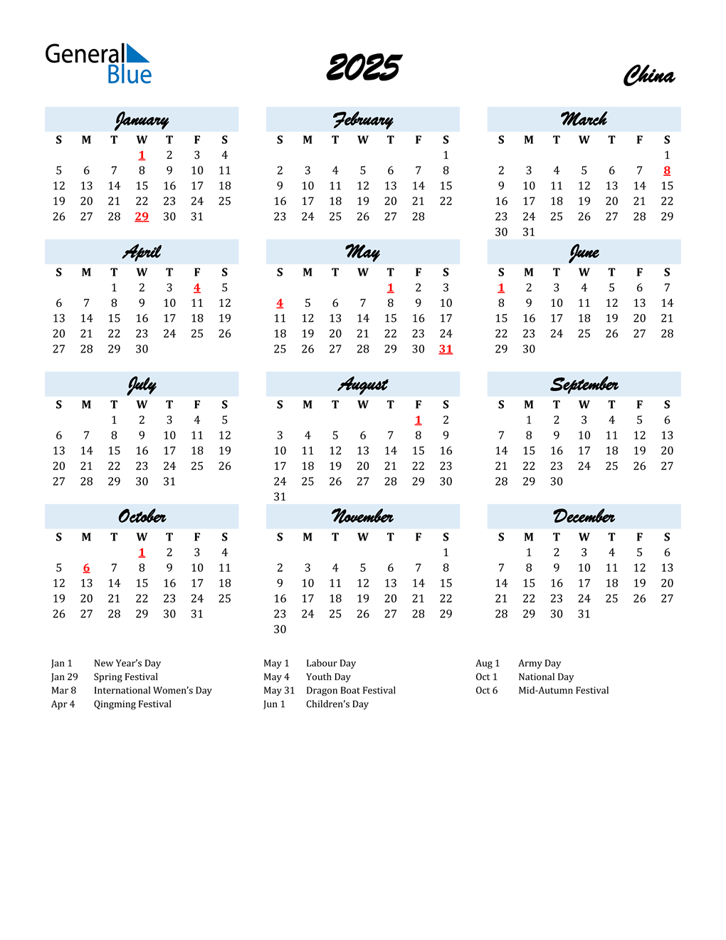 2025 China Calendar with Holidays