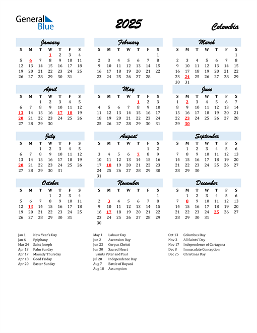 2025 Colombia Calendar with Holidays