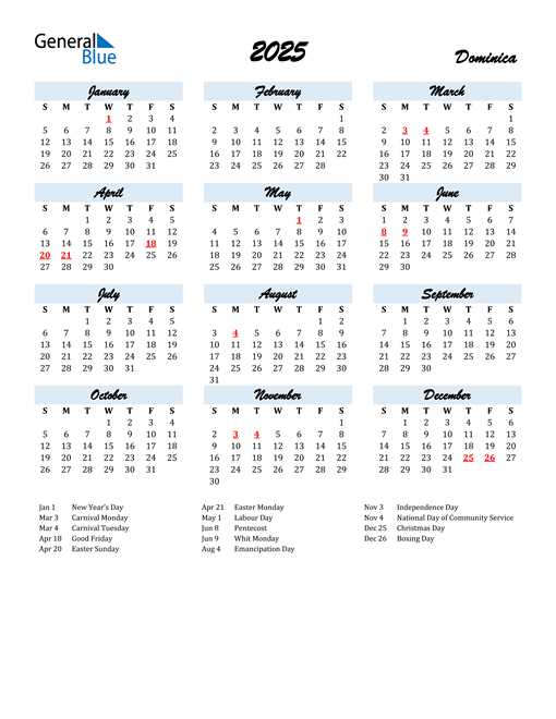 2025 Calendar for Dominica with Holidays