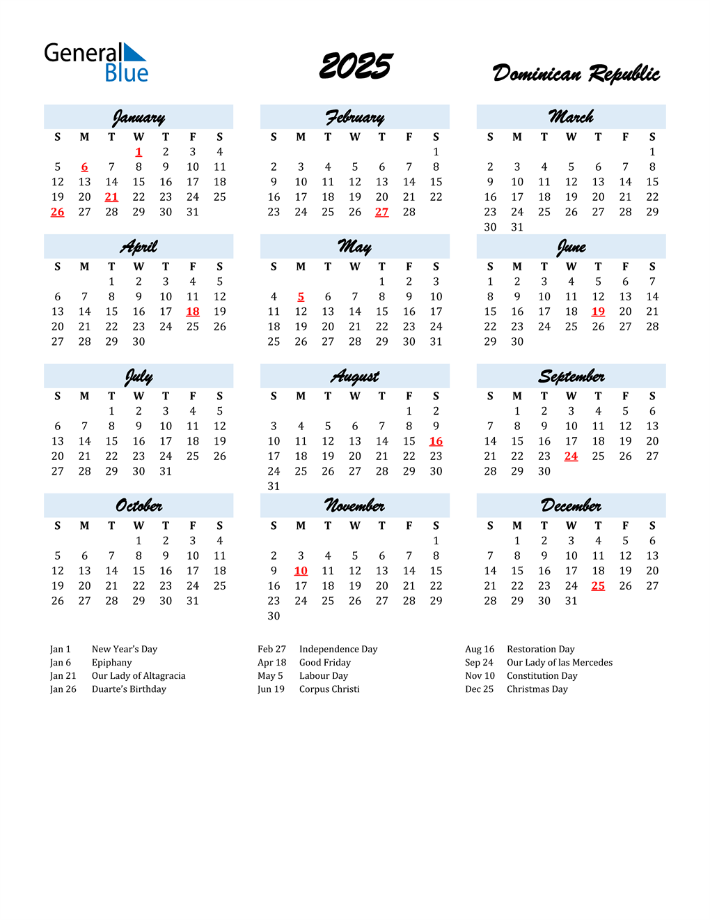 2025 Dominican Republic Calendar with Holidays