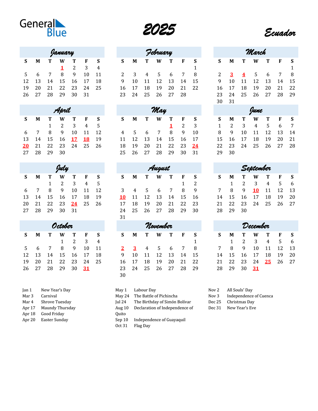 2025 Ecuador Calendar With Holidays