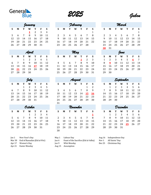 2025 Calendar for Gabon with Holidays