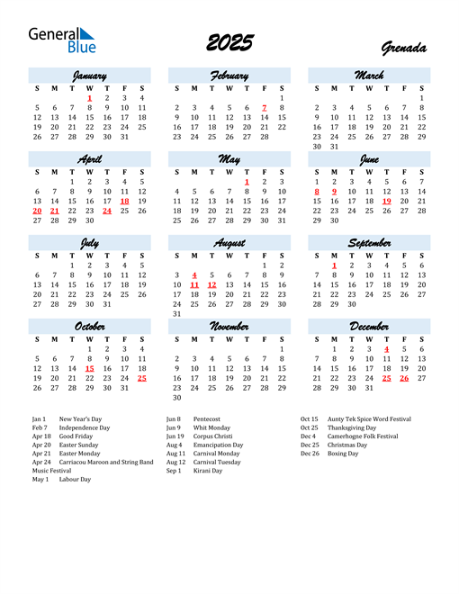 2025 Calendar for Grenada with Holidays
