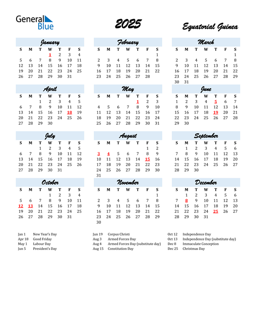 2025 Equatorial Guinea Calendar with Holidays