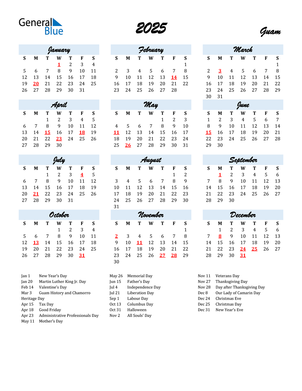 2025 Guam Calendar with Holidays