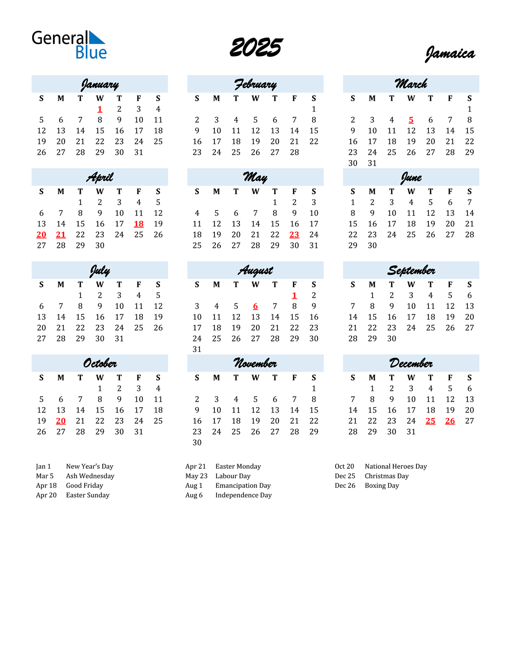 2025 Jamaica Calendar with Holidays