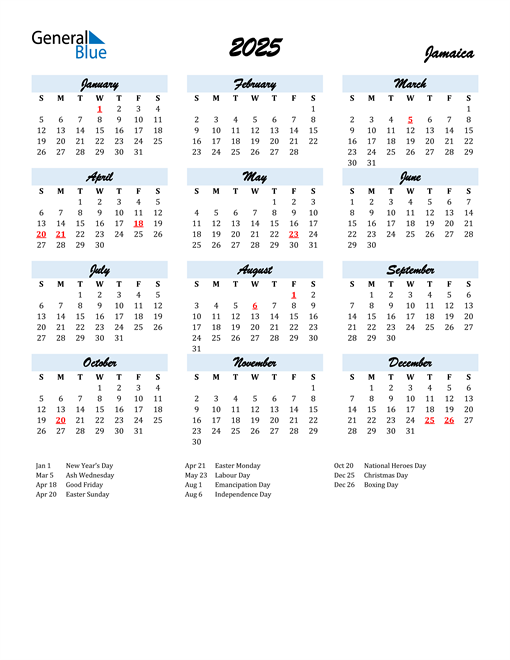 2025 Calendar for Jamaica with Holidays