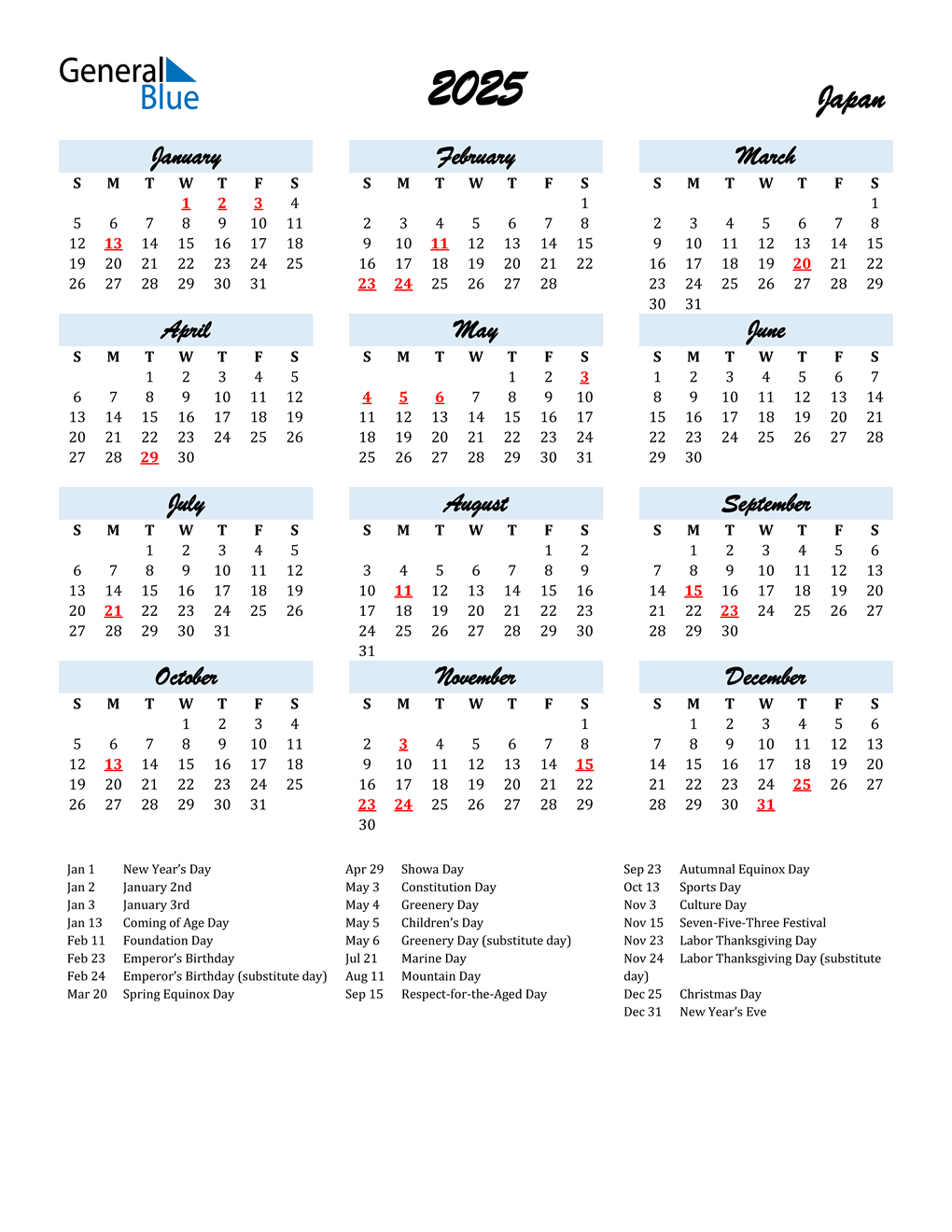 2025 Japan Calendar with Holidays