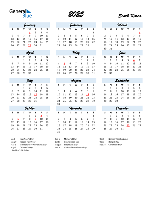 2025 Calendar for South Korea with Holidays