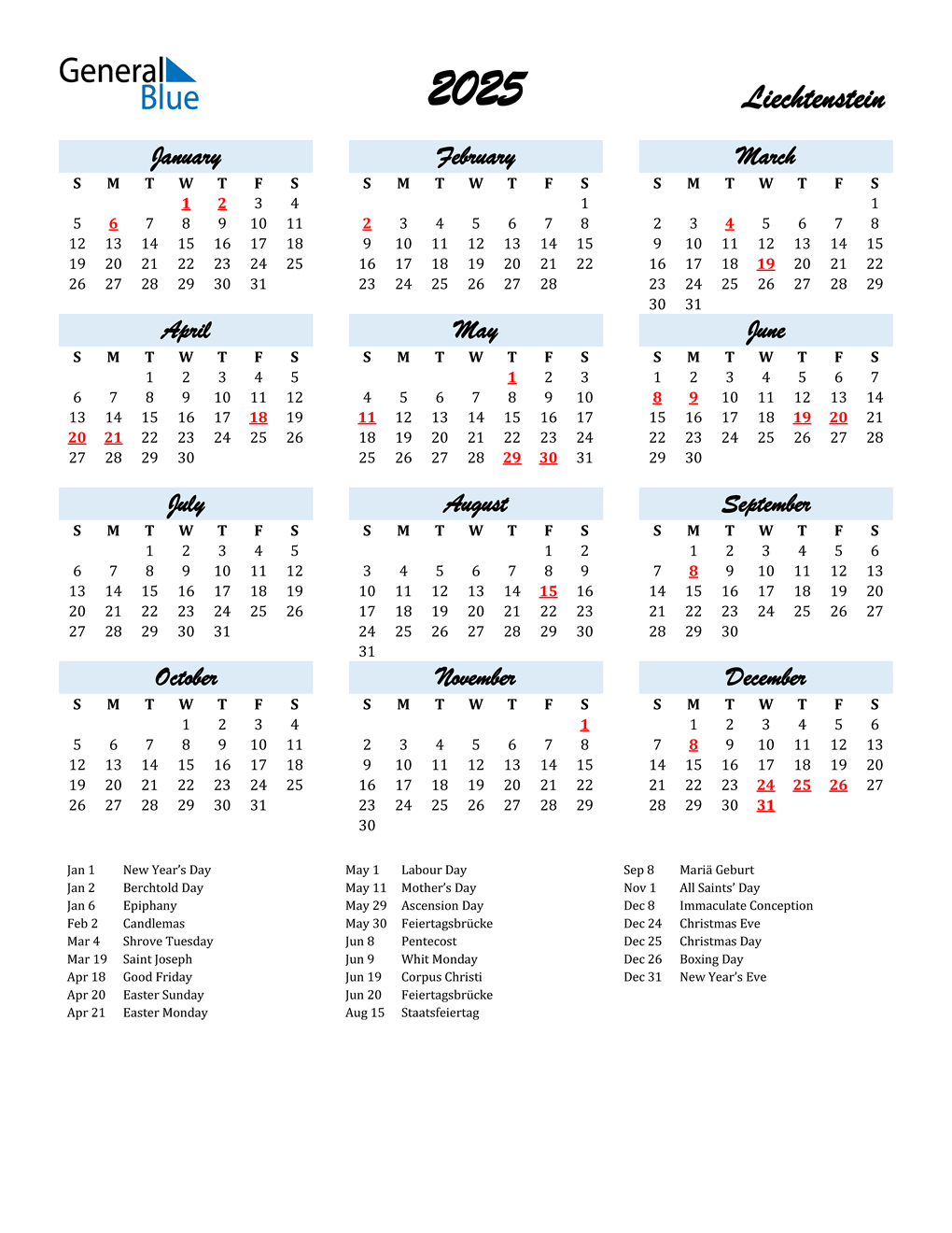 2025 Liechtenstein Calendar with Holidays