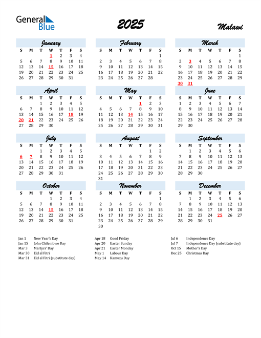 2025 Calendar for Malawi with Holidays