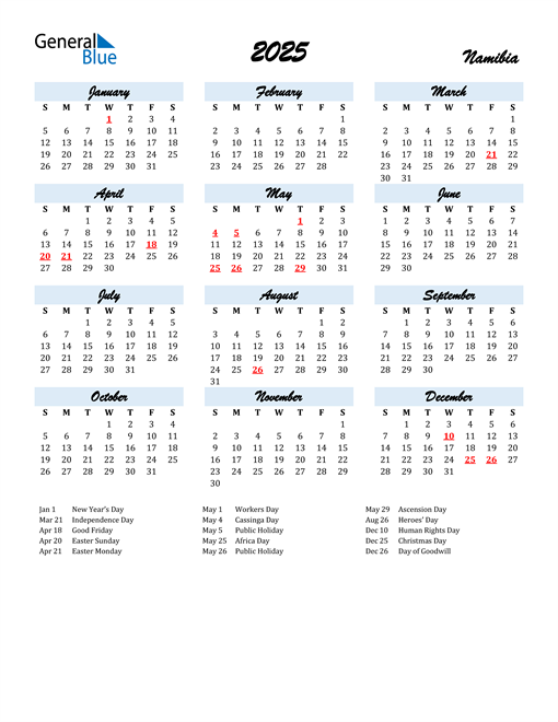 2025 Calendar for Namibia with Holidays