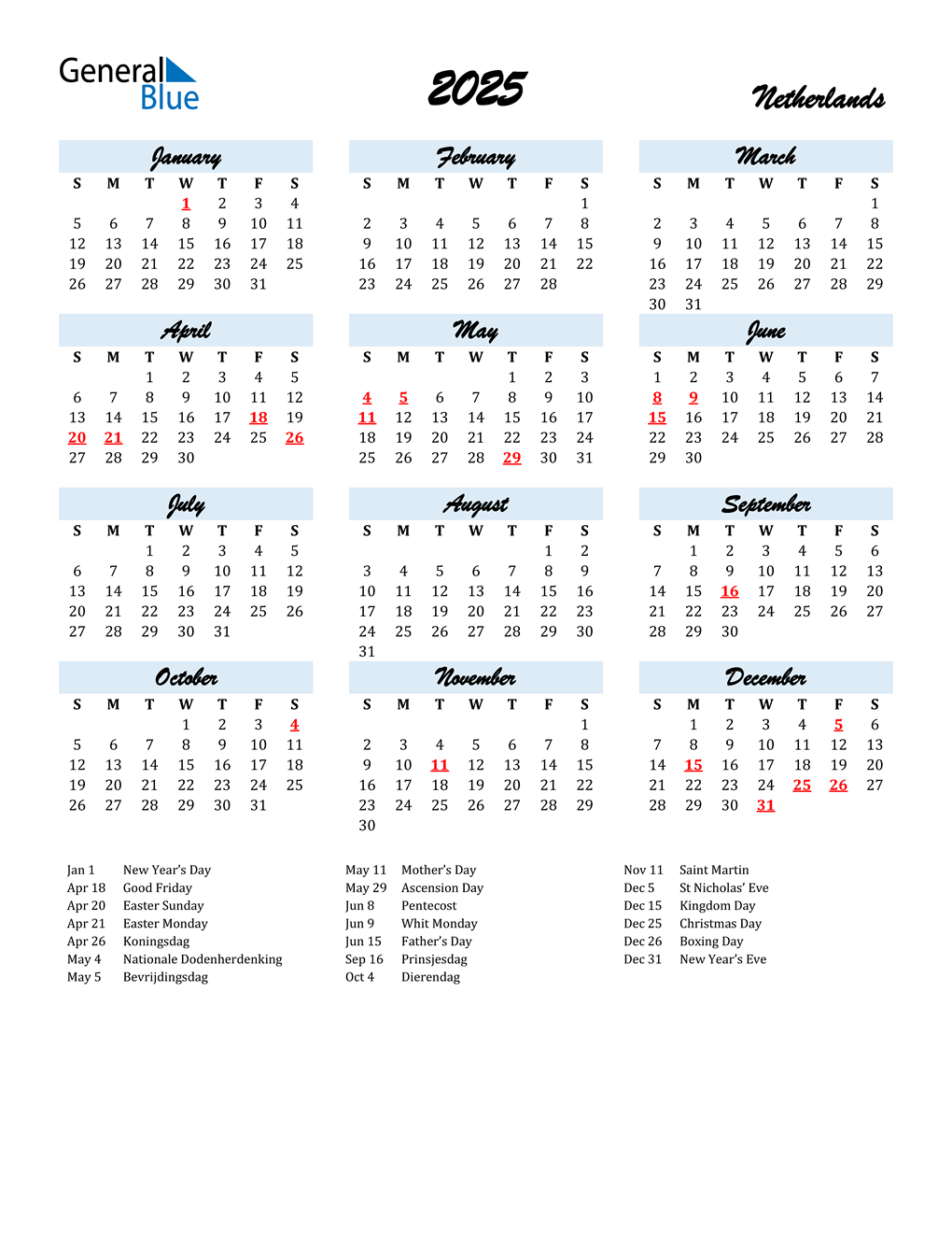 2025 Netherlands Calendar with Holidays