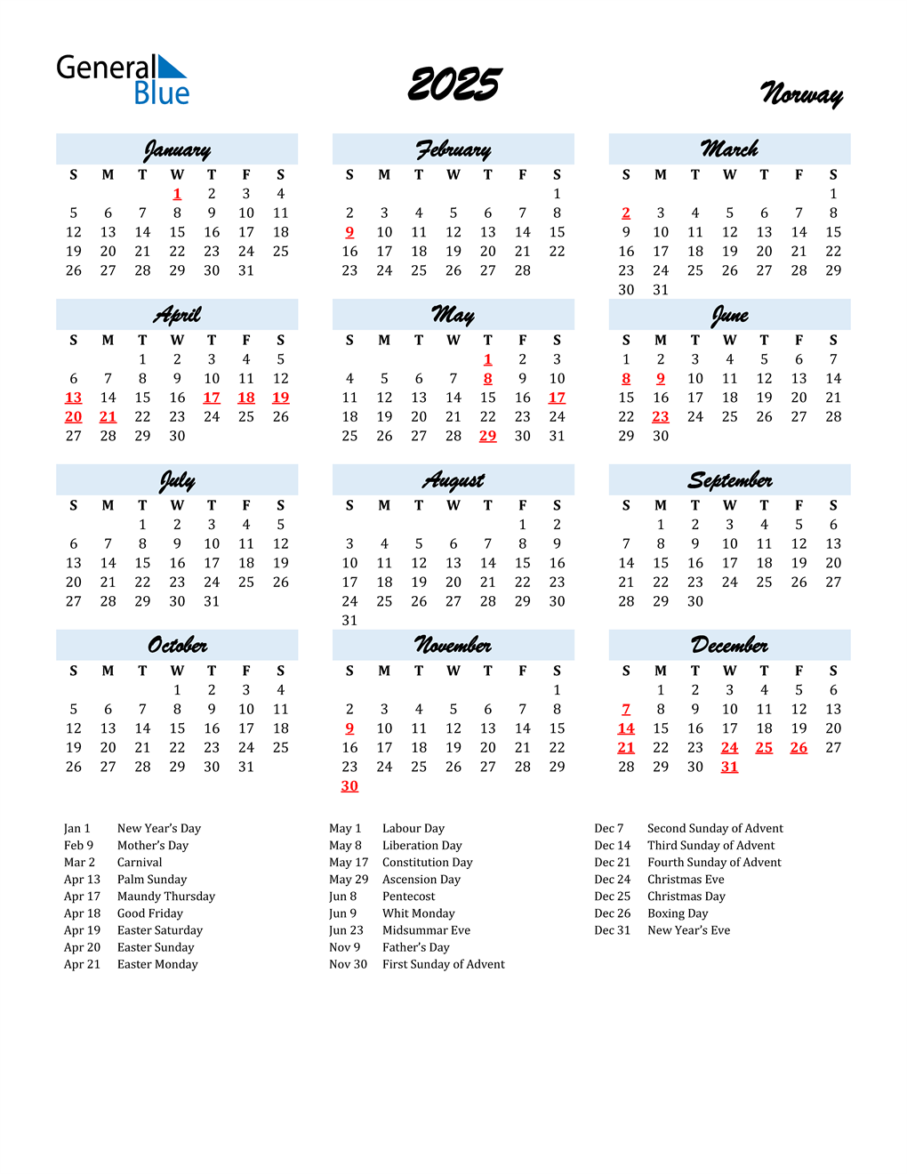 2025 Norway Calendar with Holidays