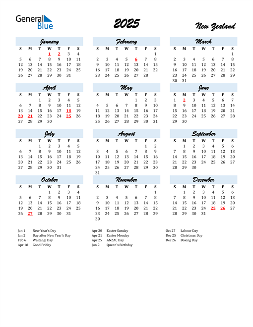 2025 New Zealand Calendar with Holidays