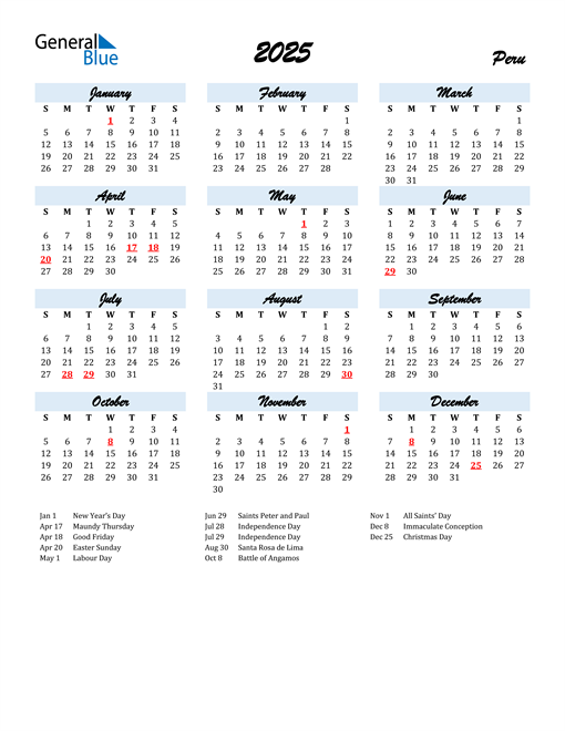 2025 Peru Calendar with Holidays