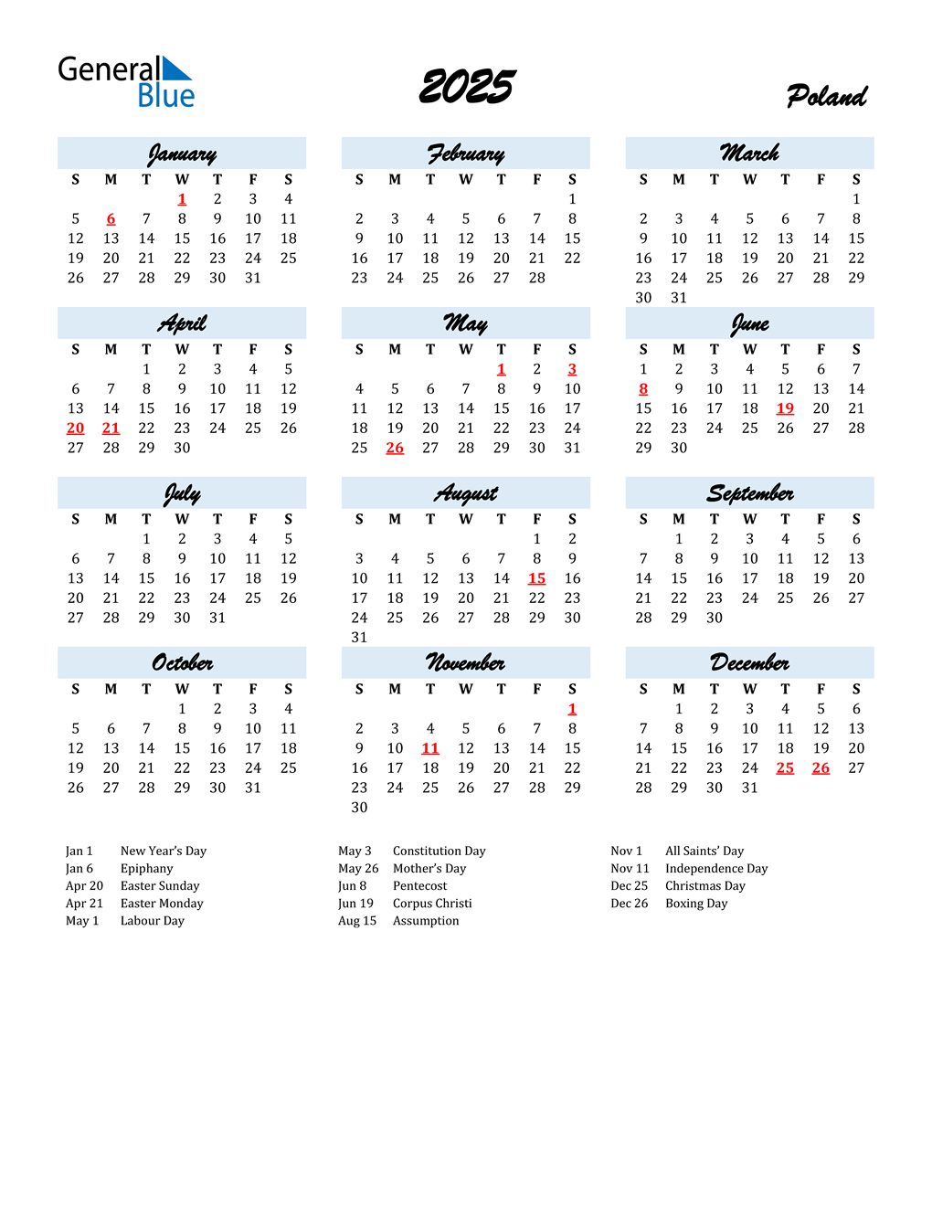 2025 Poland Calendar with Holidays