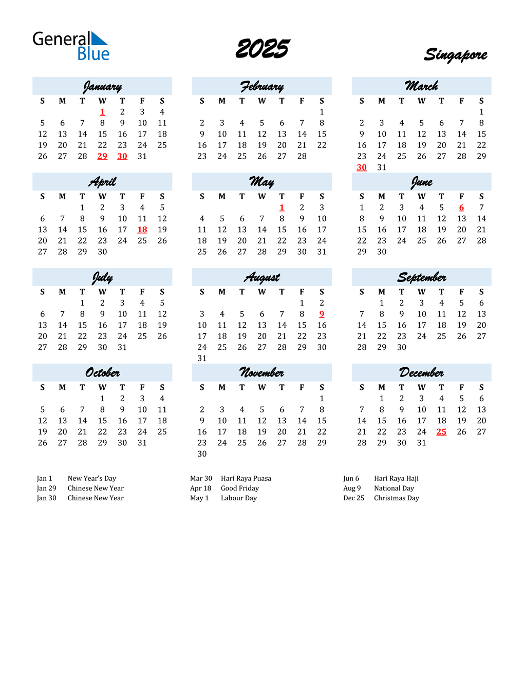 2025 Singapore Calendar with Holidays