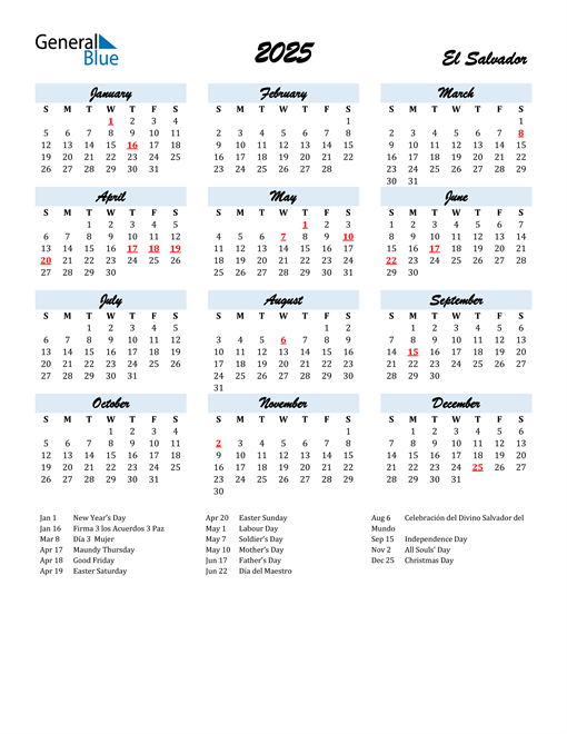 2025 El Salvador Calendar with Holidays