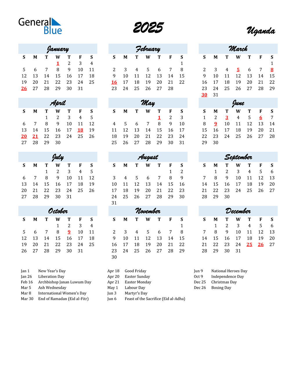 2025 Uganda Calendar with Holidays