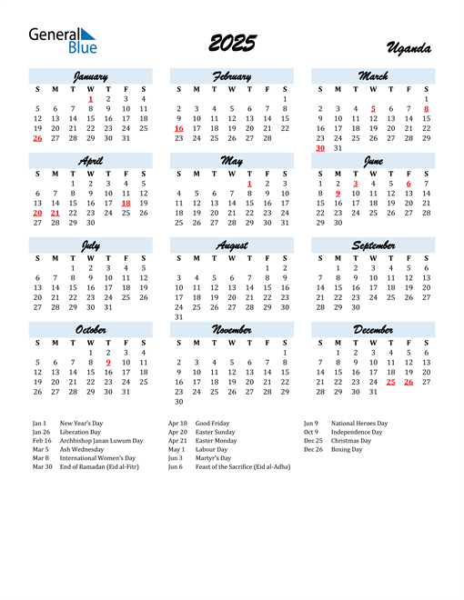 2025 Calendar for Uganda with Holidays