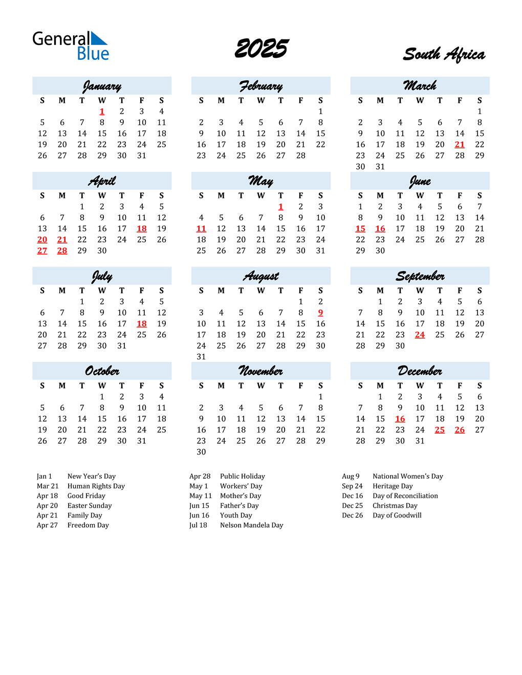 2025 South Africa Calendar with Holidays