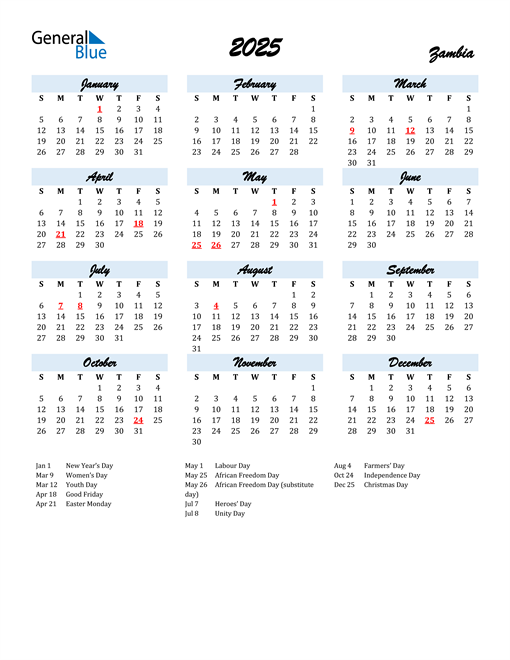 2025 Zambia Calendar with Holidays