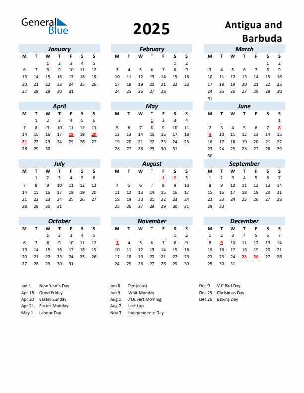 2025 Calendar for Antigua and Barbuda with Holidays