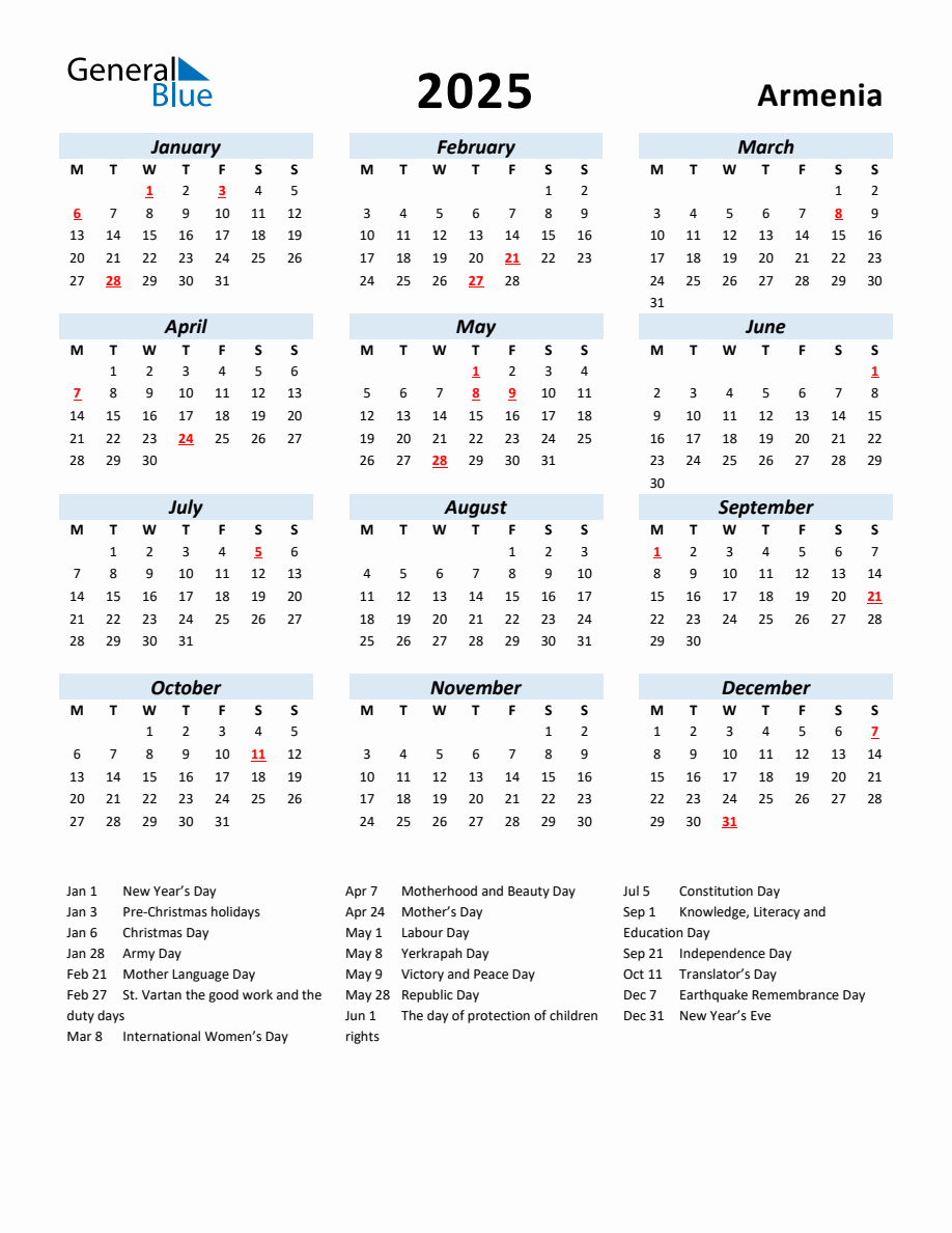 2025 Yearly Calendar for Armenia with Holidays