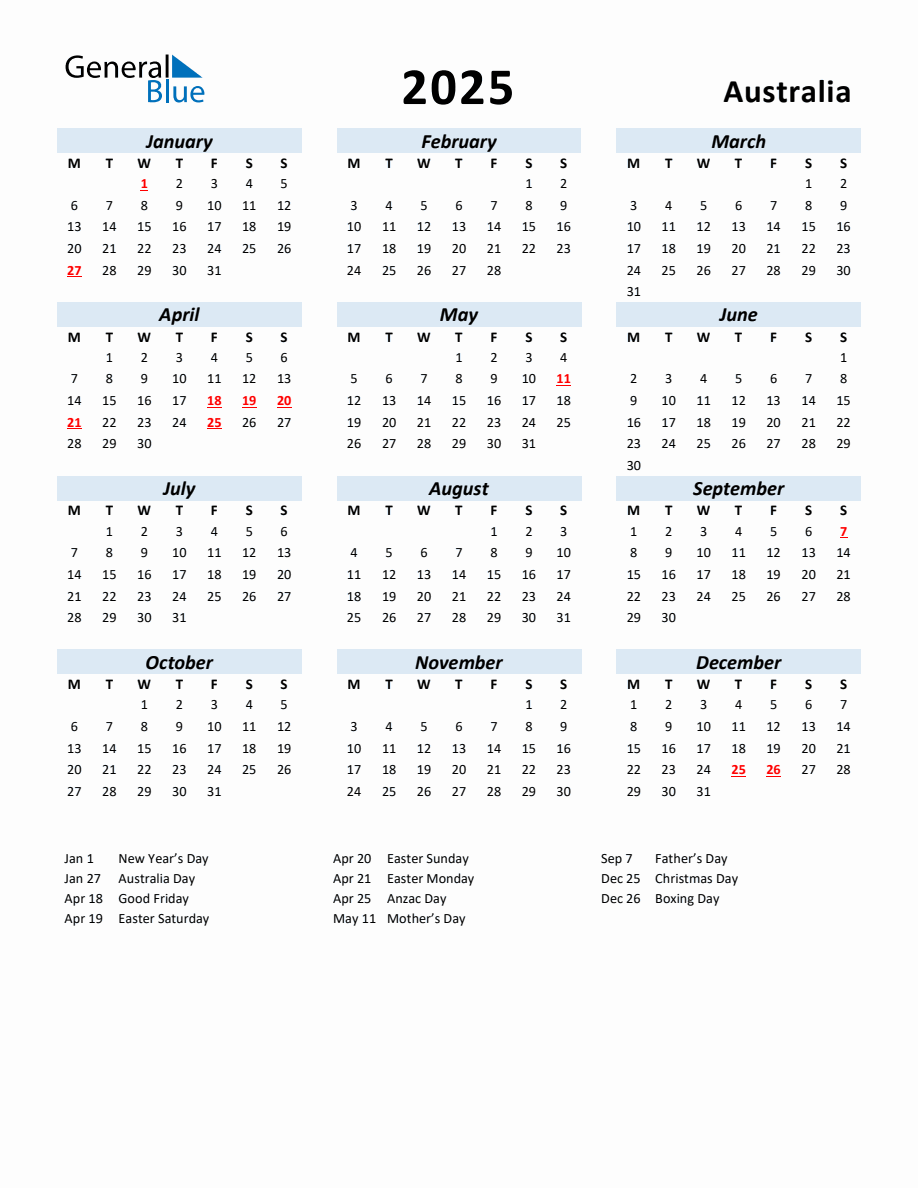 2025 Yearly Calendar for Australia with Holidays