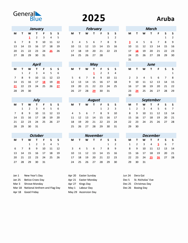 2025 Calendar for Aruba with Holidays