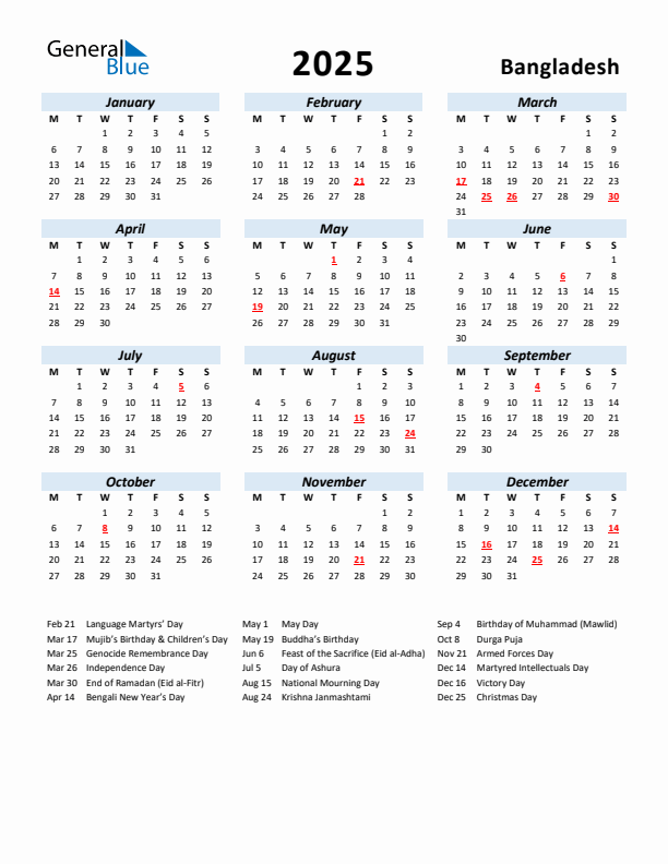 2025 Calendar for Bangladesh with Holidays