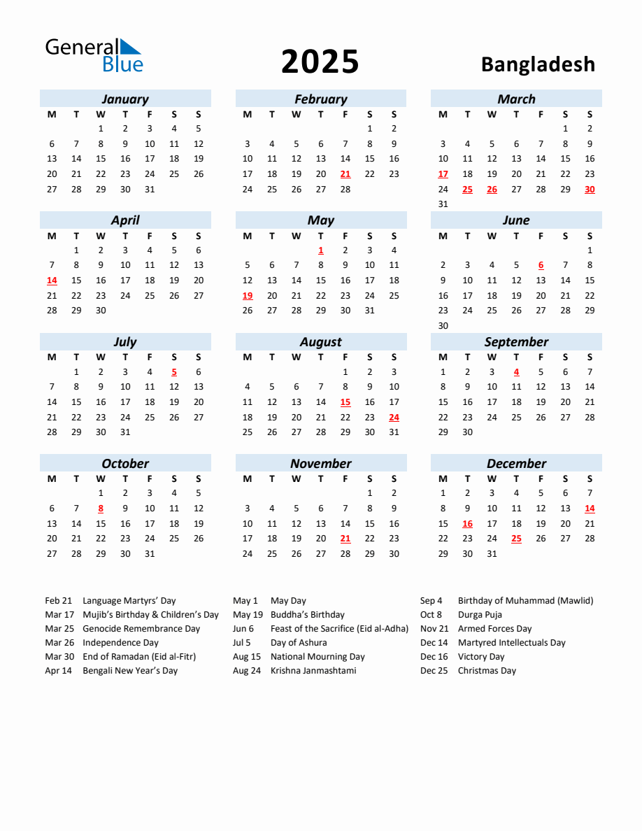 2025 Yearly Calendar for Bangladesh with Holidays