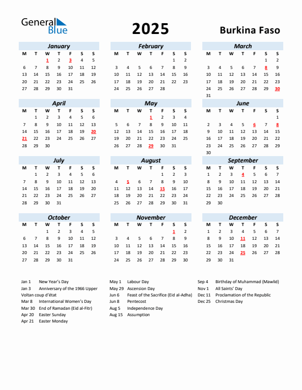 2025 Calendar for Burkina Faso with Holidays