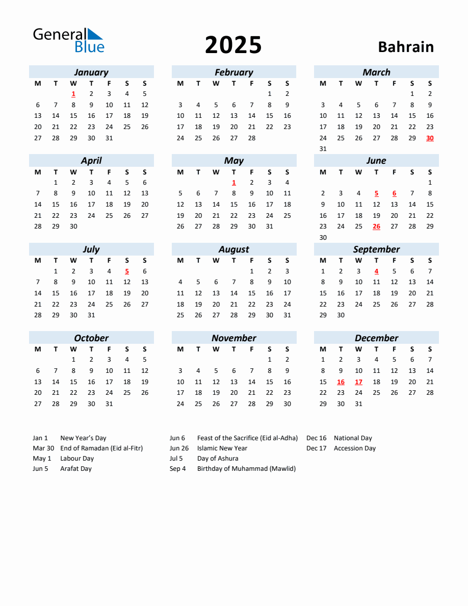 2025 Yearly Calendar for Bahrain with Holidays