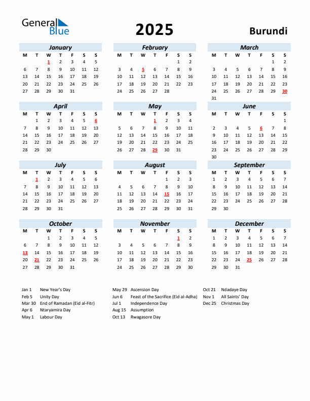 2025 Calendar for Burundi with Holidays