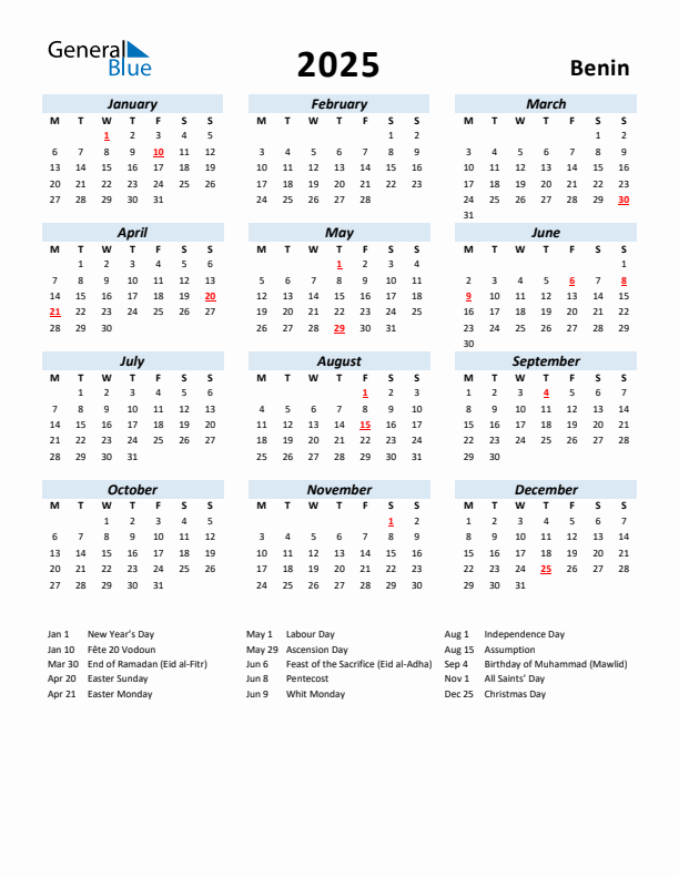 2025 Calendar for Benin with Holidays