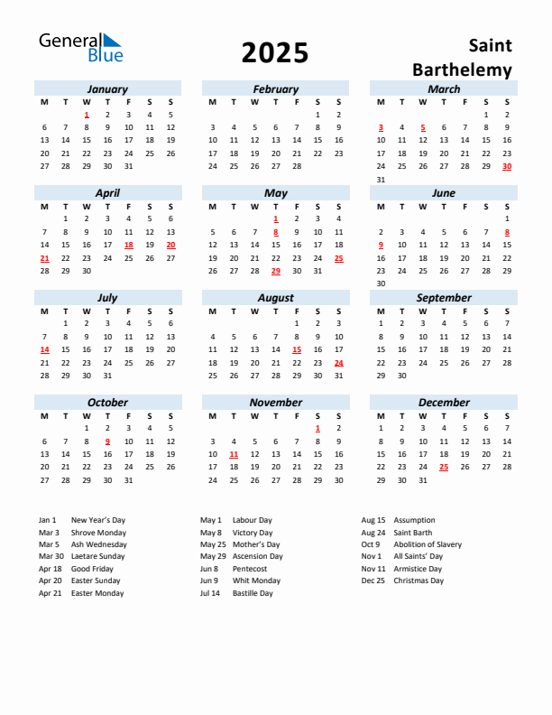 2025 Calendar for Saint Barthelemy with Holidays