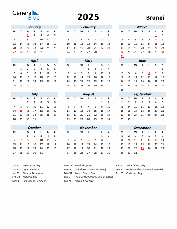 2025 Calendar for Brunei with Holidays