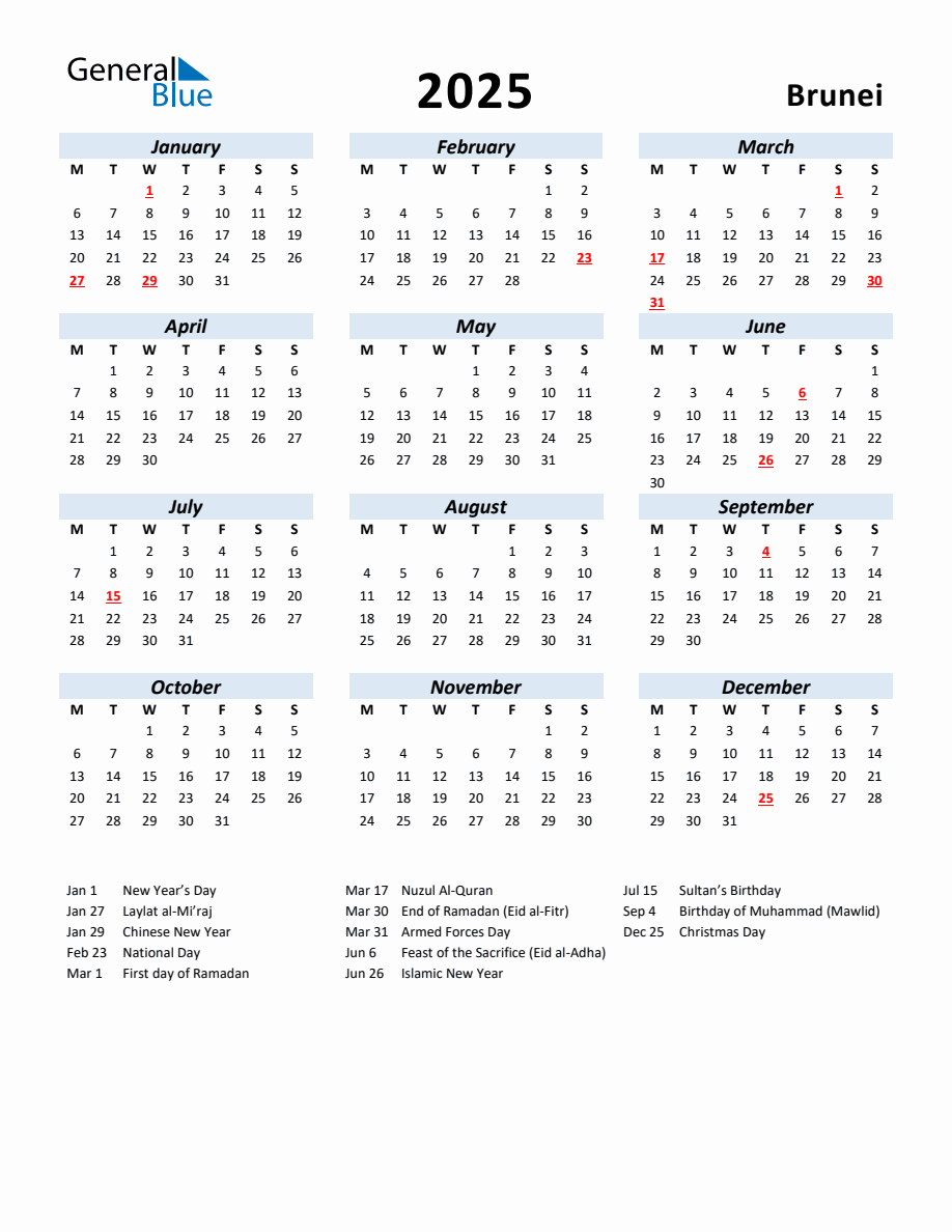 2025 Yearly Calendar For Brunei With Holidays