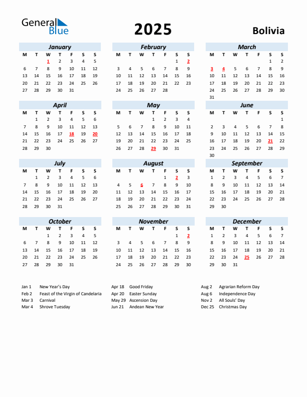 2025 Calendar for Bolivia with Holidays