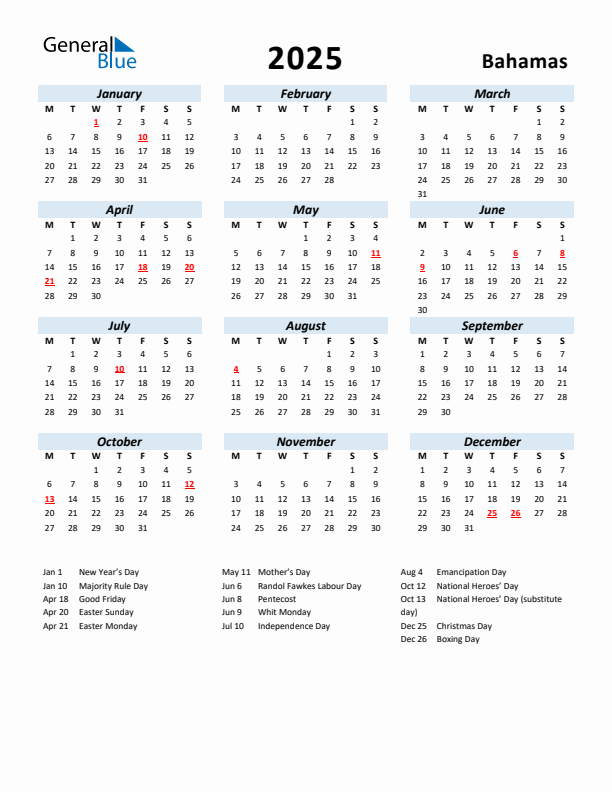 2025 Calendar for Bahamas with Holidays