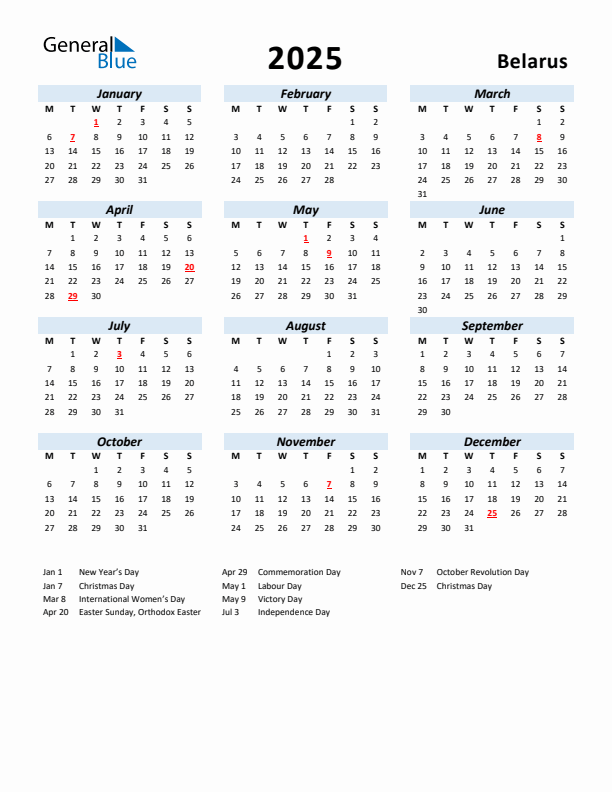2025 Calendar for Belarus with Holidays