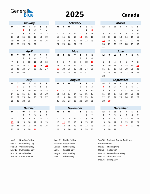 2025 Calendar for Canada with Holidays